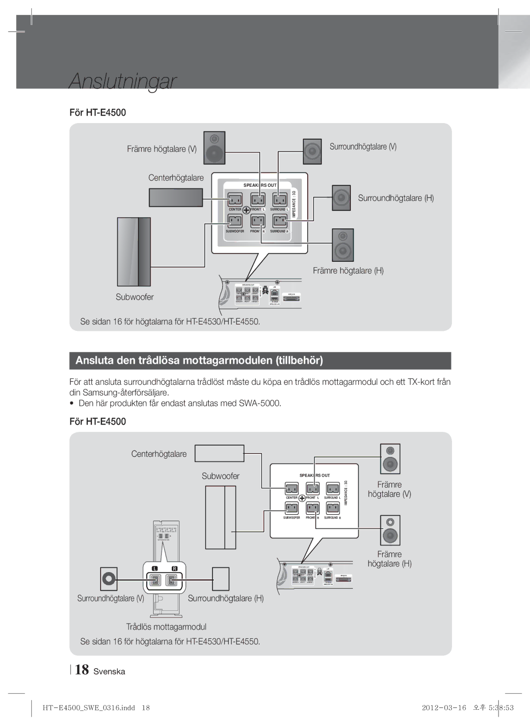 Samsung HT-E4550/XE manual Ansluta den trådlösa mottagarmodulen tillbehör, För HT-E4500, Centerhögtalare Subwoofer 