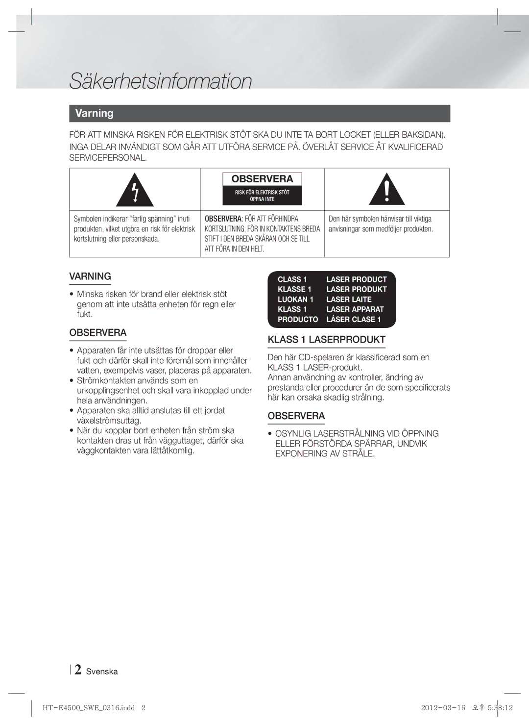 Samsung HT-E4550/XE manual Säkerhetsinformation, Varning, Kortslutning eller personskada, Svenska 