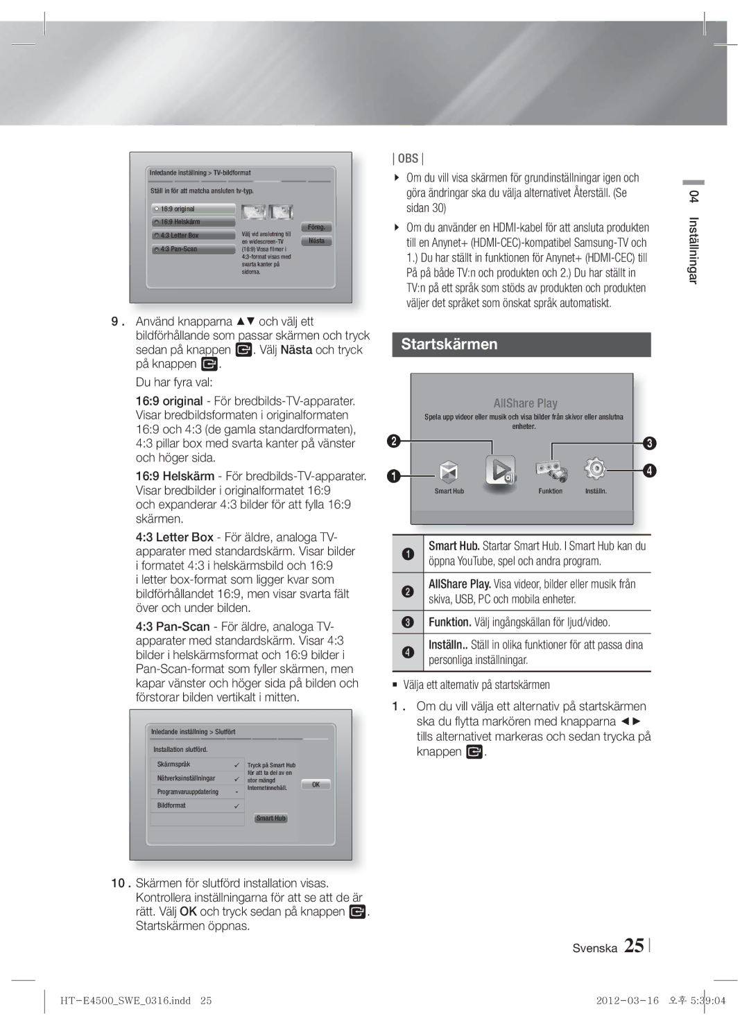 Samsung HT-E4550/XE manual Startskärmen, Och expanderar 43 bilder för att fylla 169 skärmen, Inställningar 