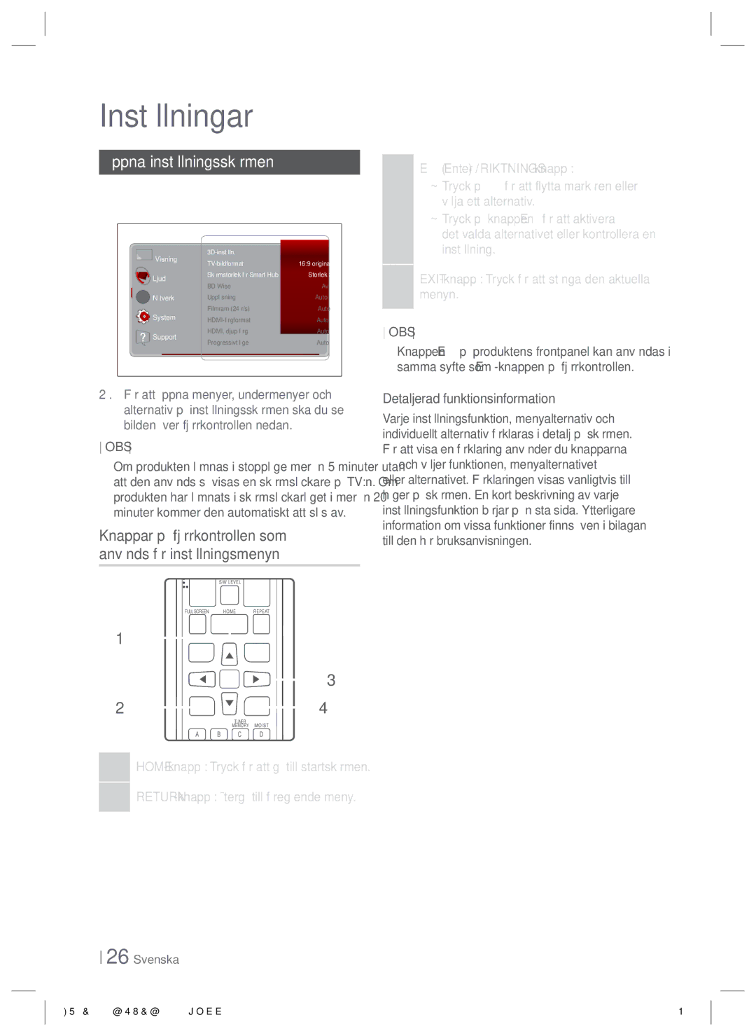 Samsung HT-E4550/XE manual Öppna inställningsskärmen 