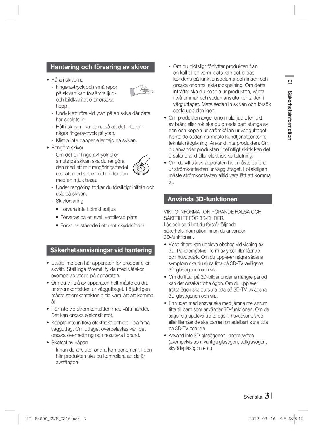 Samsung HT-E4550/XE manual Hantering och förvaring av skivor, Säkerhetsanvisningar vid hantering, Använda 3D-funktionen 