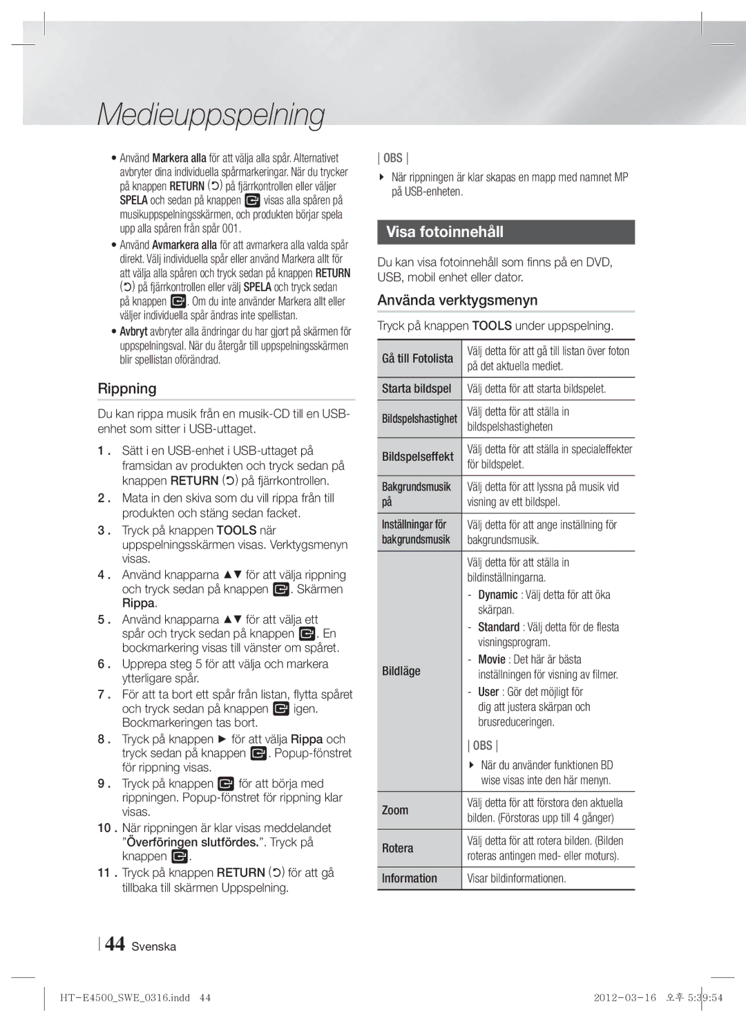 Samsung HT-E4550/XE manual Rippning, Visa fotoinnehåll, Använda verktygsmenyn 