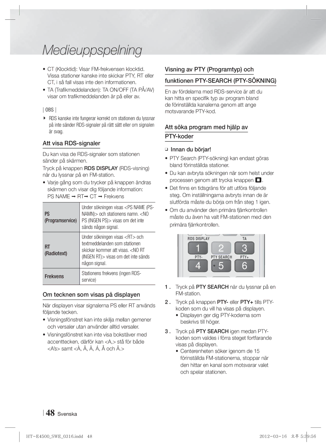 Samsung HT-E4550/XE Att visa RDS-signaler, Om tecknen som visas på displayen, Att söka program med hjälp av PTY-koder 