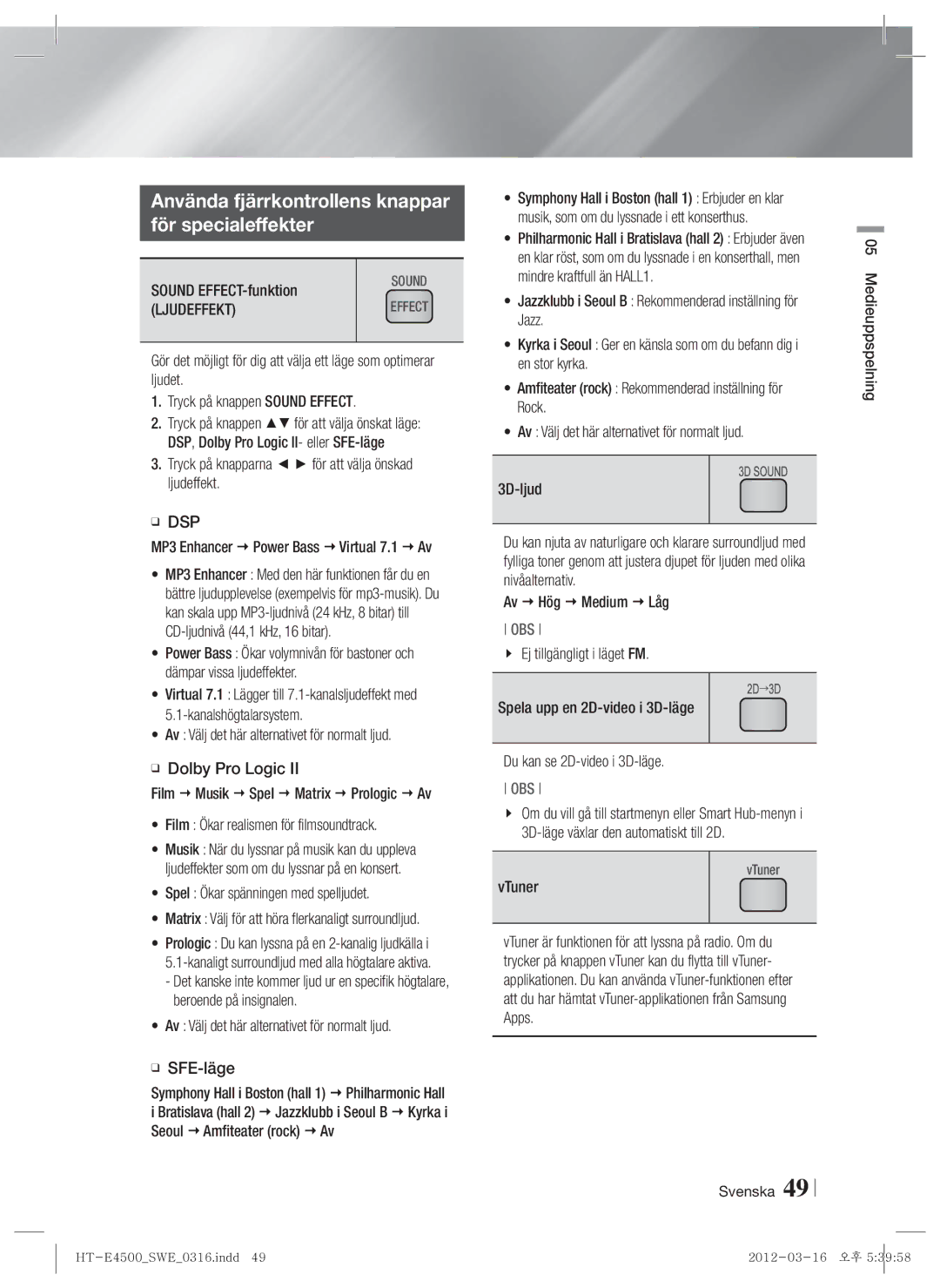 Samsung HT-E4550/XE manual Använda fjärrkontrollens knappar För specialeffekter, Ljudeffekt, Dsp 