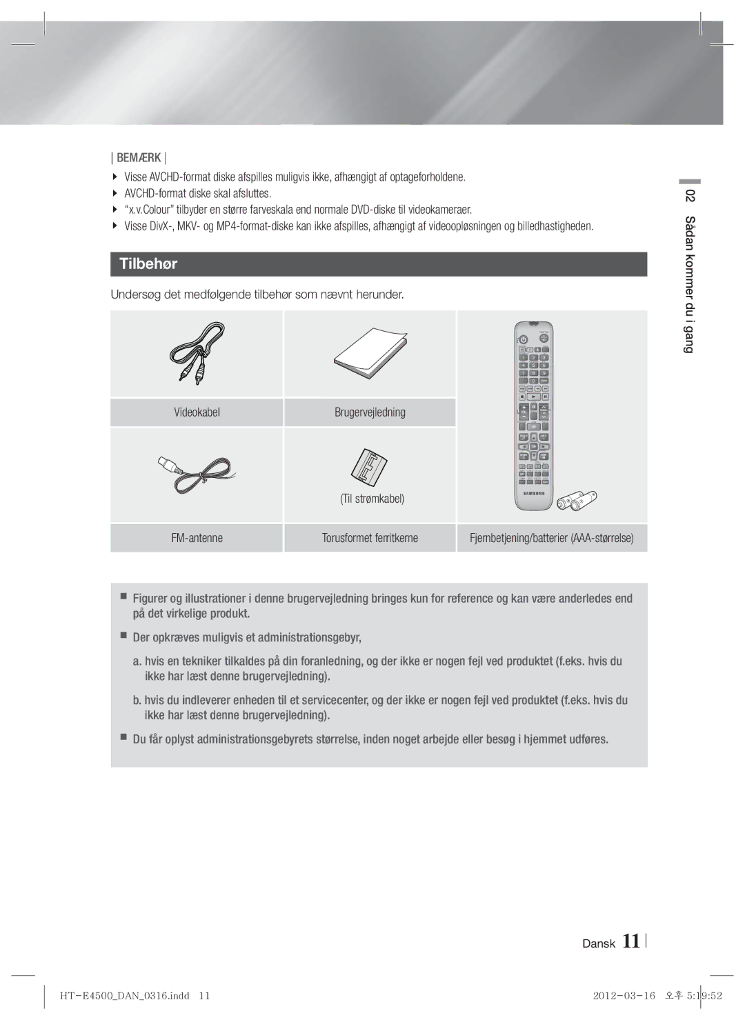 Samsung HT-E4550/XE manual Tilbehør, Undersøg det medfølgende tilbehør som nævnt herunder, Brugervejledning, Til strømkabel 