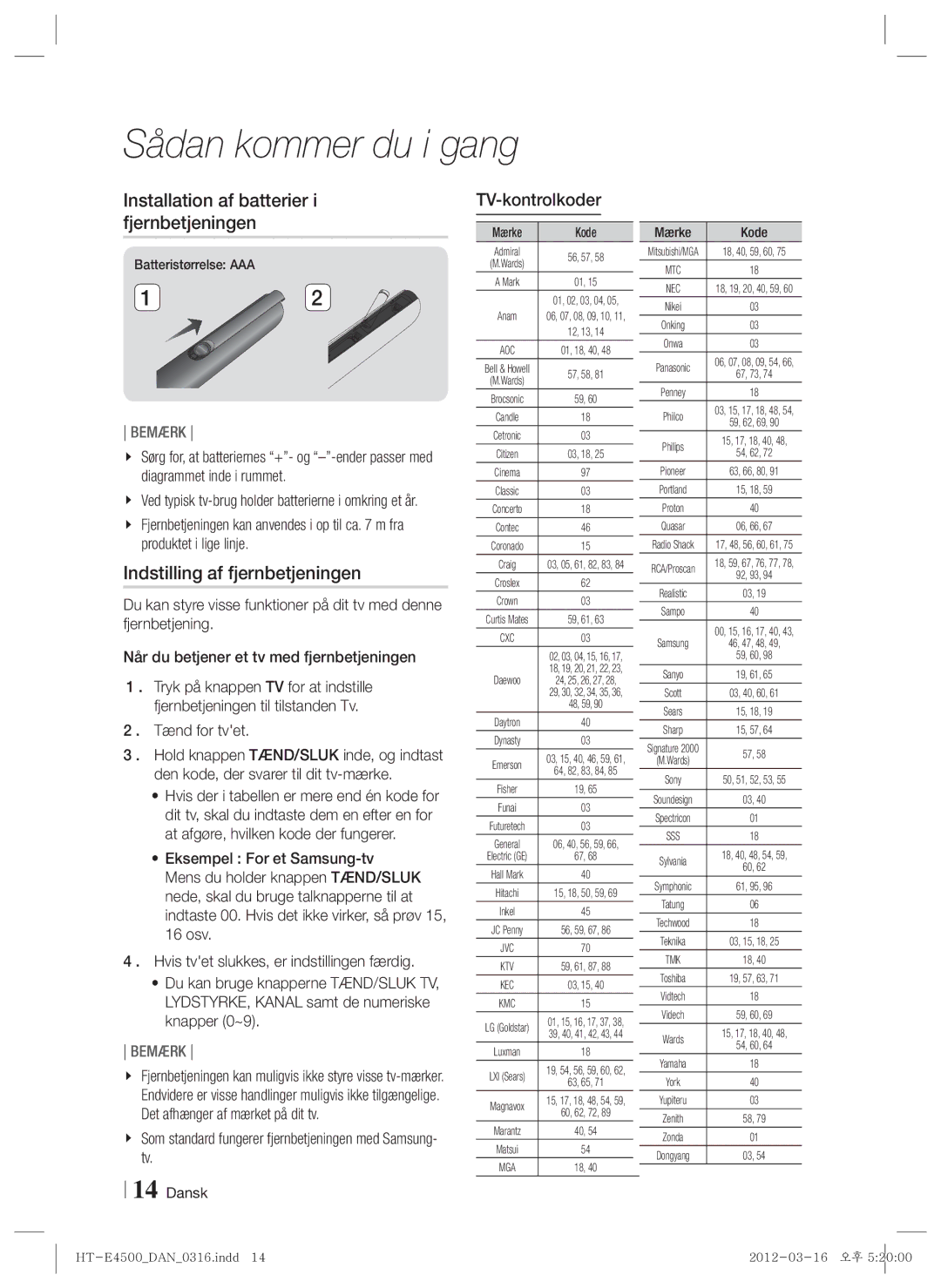 Samsung HT-E4550/XE manual Installation af batterier i fjernbetjeningen, Indstilling af fjernbetjeningen, TV-kontrolkoder 