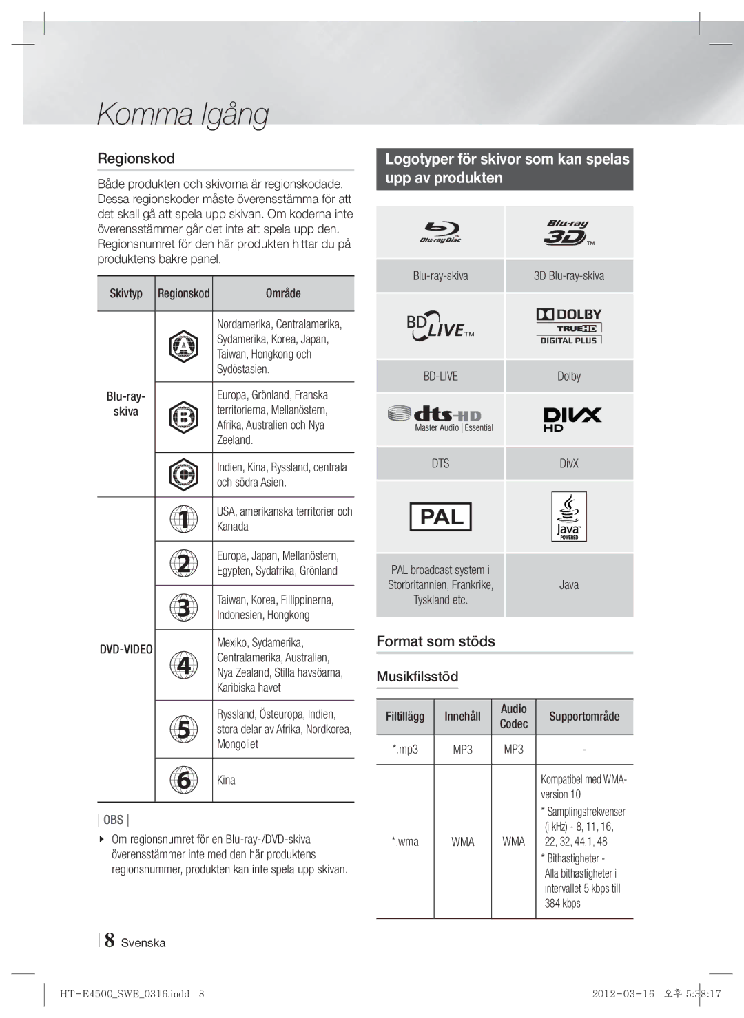 Samsung HT-E4550/XE Regionskod, Logotyper för skivor som kan spelas Upp av produkten, Format som stöds, Musikfilsstöd, Dts 