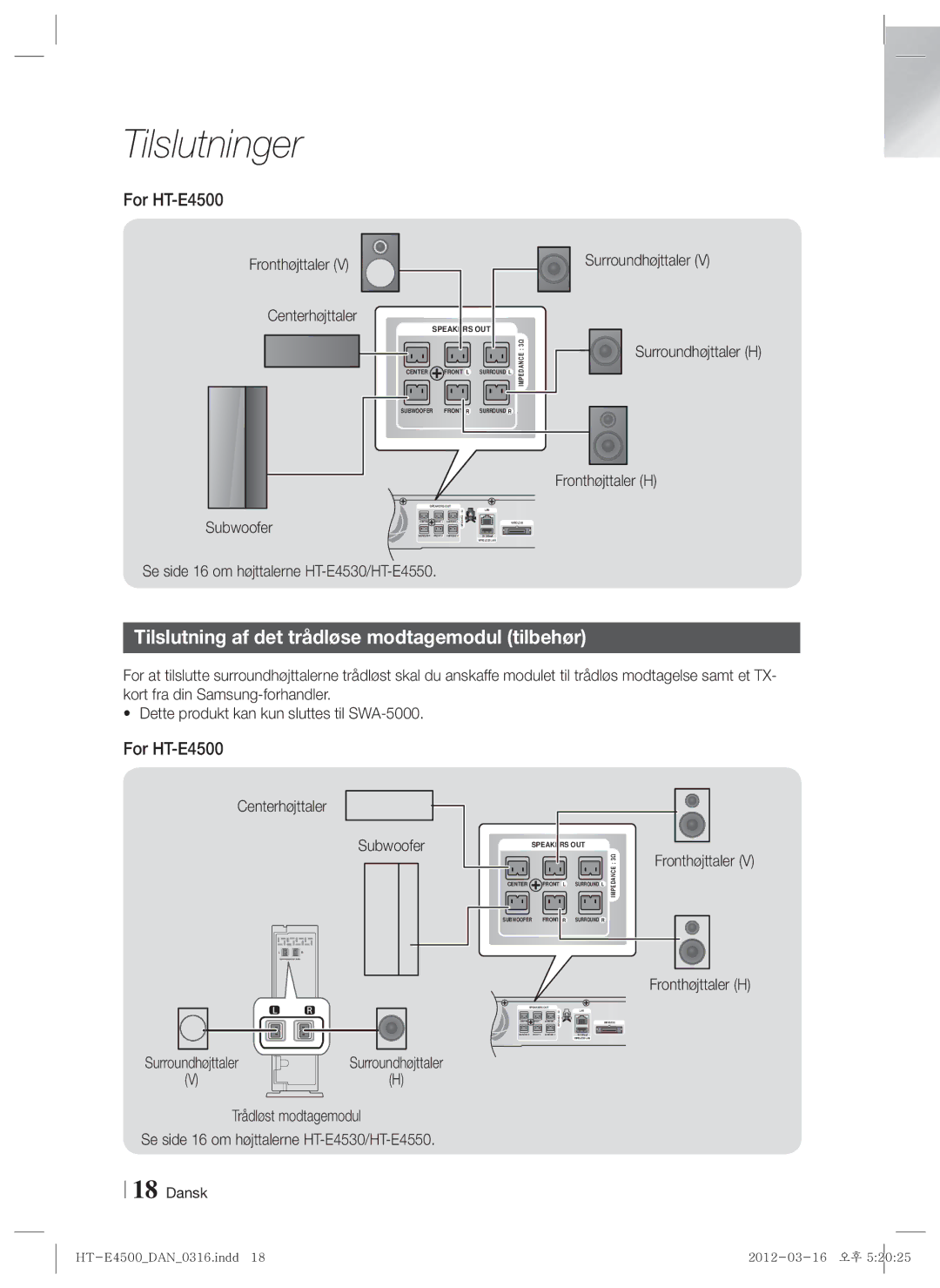 Samsung HT-E4550/XE manual Tilslutning af det trådløse modtagemodul tilbehør, For HT-E4500, Fronthøjttaler Centerhøjttaler 