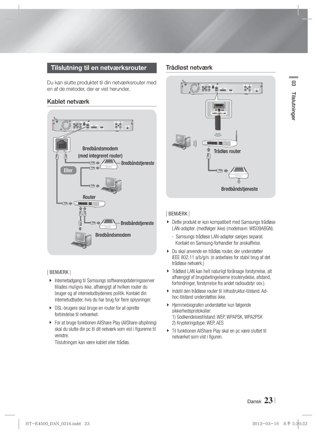 Samsung HT-E4550/XE manual Tilslutning til en netværksrouter, Kablet netværk 