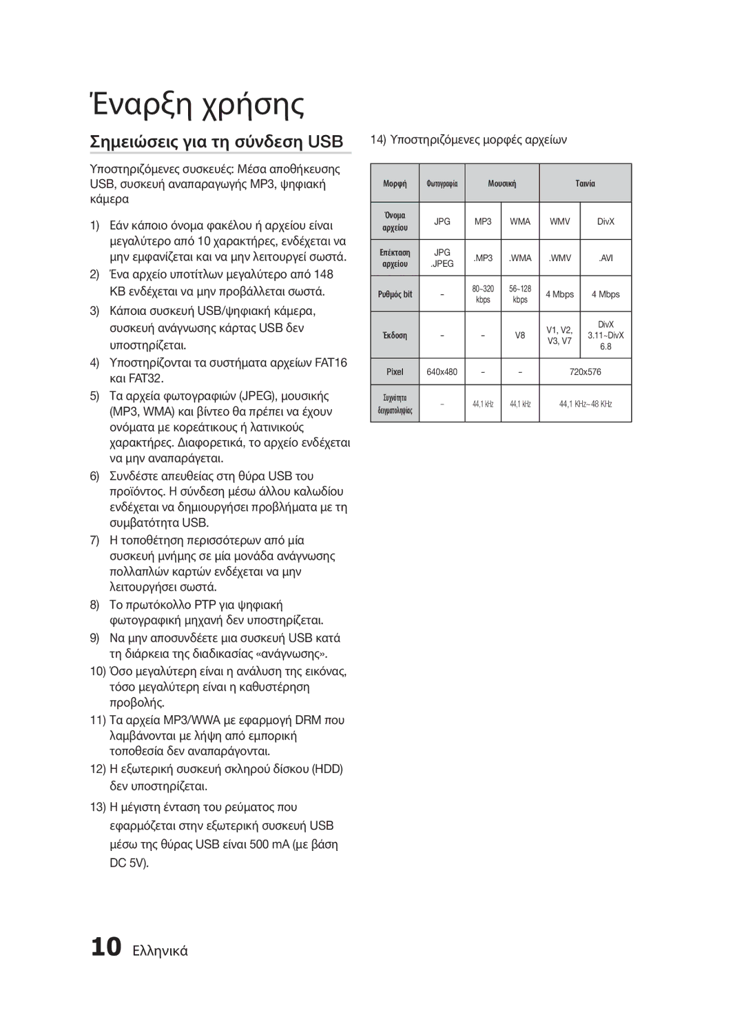Samsung HT-E455/EN, HT-E453/EN manual Σημειώσεις για τη σύνδεση USB, 10 Ελληνικά 