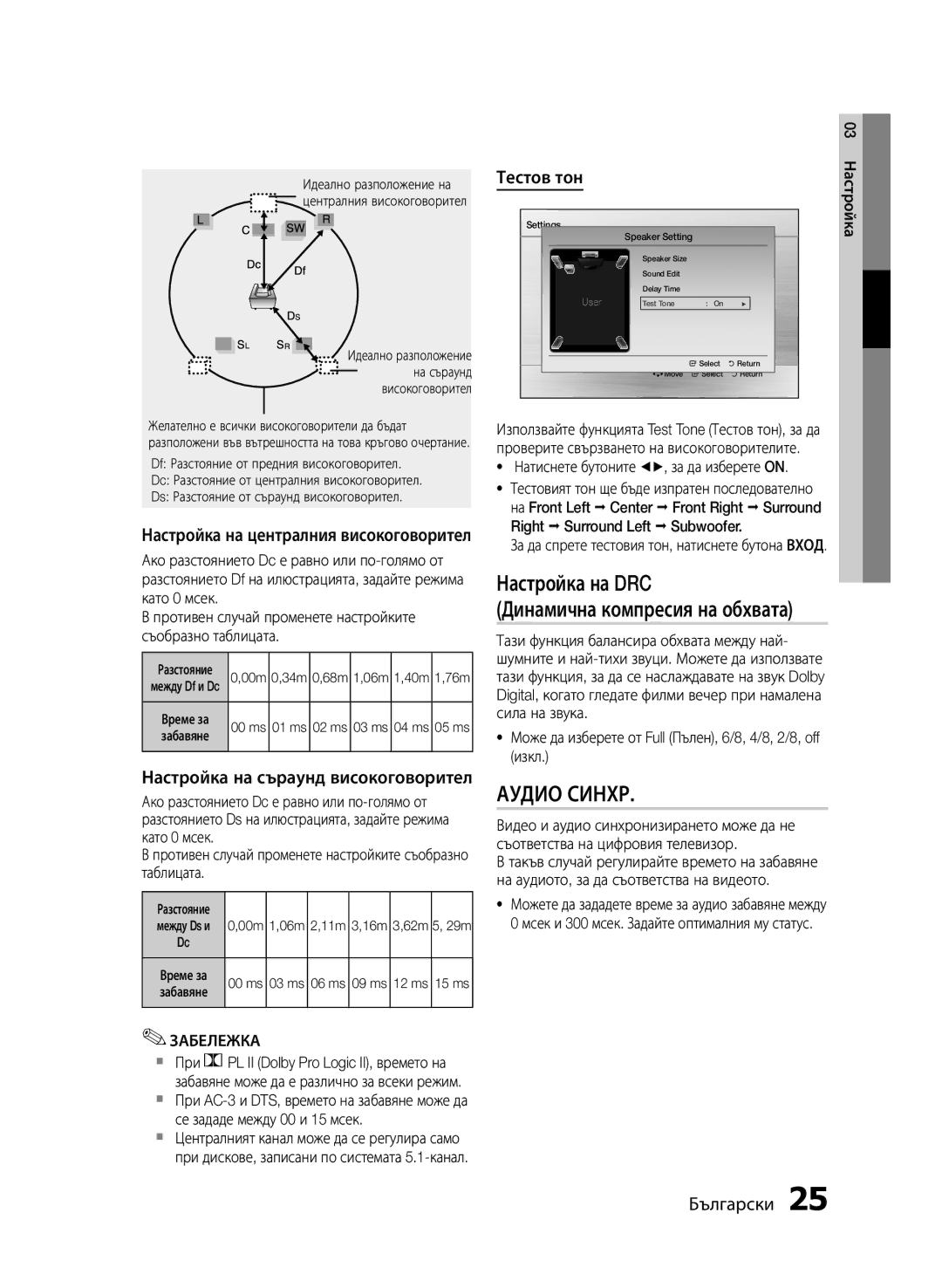 Samsung HT-E453/EN manual Настройка на DRC Динамична компресия на обхвата, Настройка на съраунд високоговорител, Тестов тон 