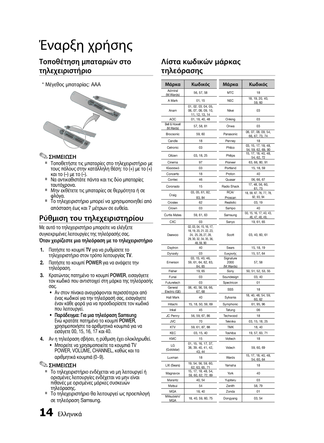 Samsung HT-E455/EN manual Ρύθμιση του τηλεχειριστηρίου, 14 Ελληνικά, Όταν χειρίζεστε μια τηλεόραση με το τηλεχειριστήριο 