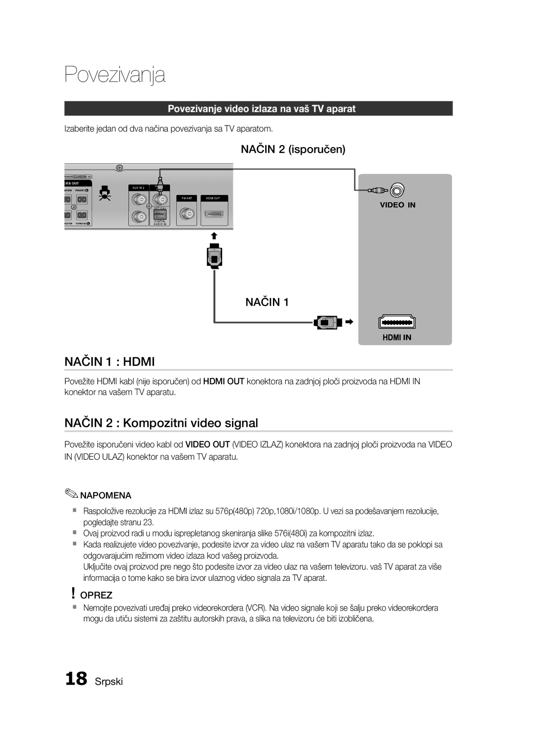 Samsung HT-E455/EN manual Način 2 Kompozitni video signal, Način 2 isporučen, Povezivanje video izlaza na vaš TV aparat 