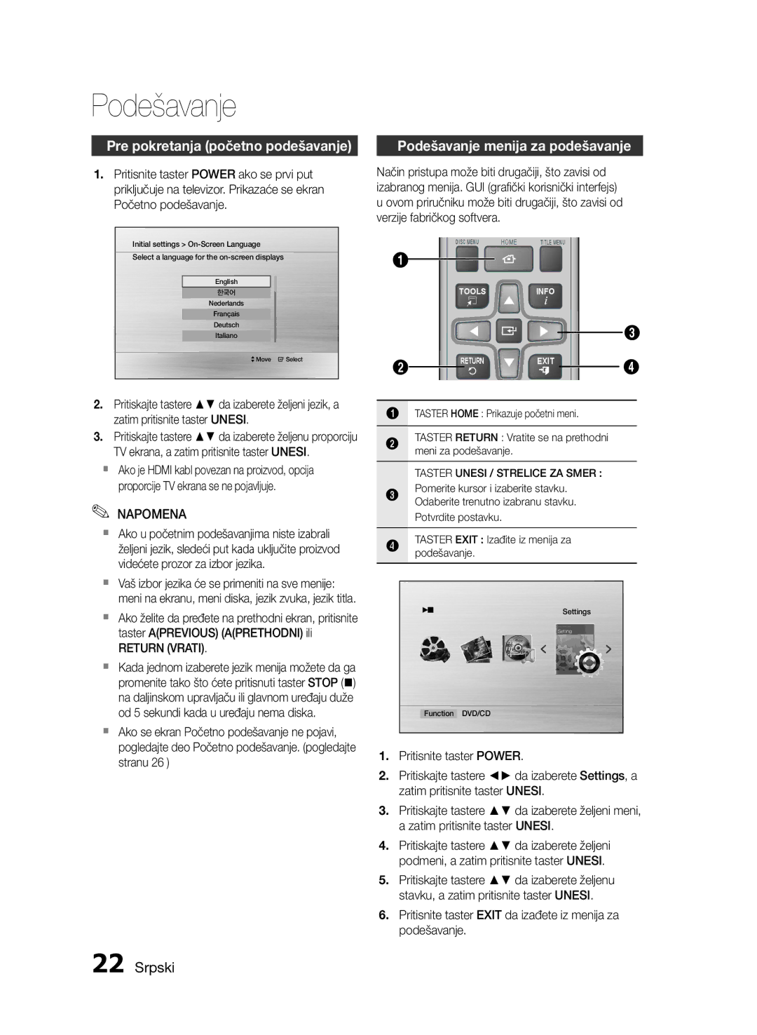 Samsung HT-E455/EN manual Podešavanje, Pre pokretanja početno podešavanje, Taster Exit Izađite iz menija za podešavanje 