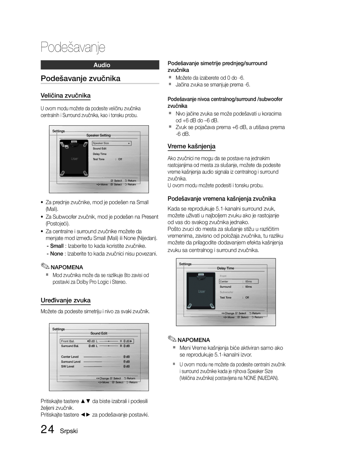 Samsung HT-E455/EN, HT-E453/EN manual Podešavanje zvučnika, Veličina zvučnika, Uređivanje zvuka, Vreme kašnjenja 