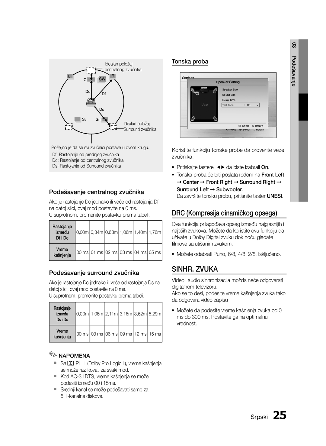 Samsung HT-E453/EN, HT-E455/EN manual DRC Kompresija dinamičkog opsega, Podešavanje centralnog zvučnika, Tonska proba 