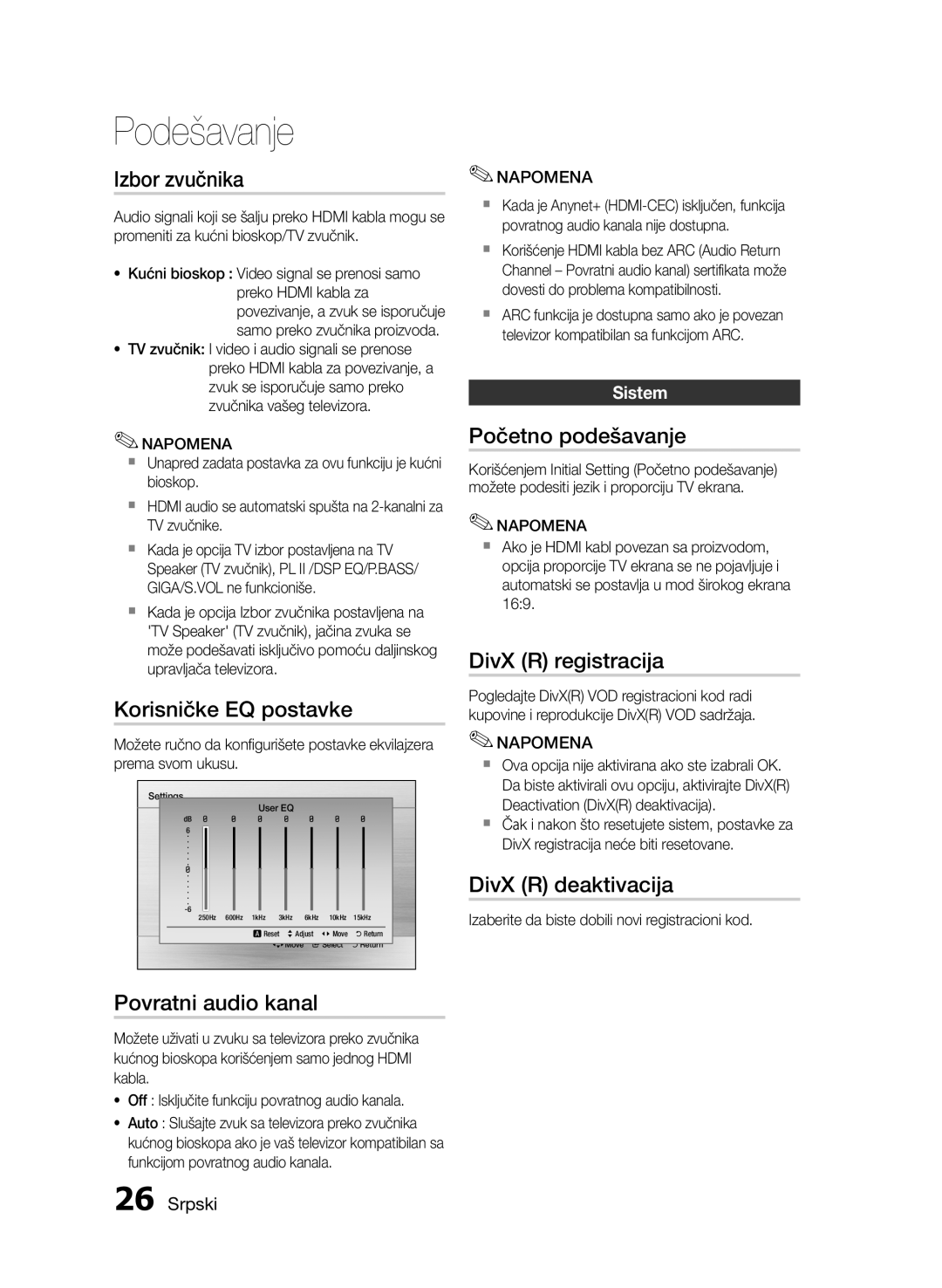 Samsung HT-E455/EN Izbor zvučnika, Korisničke EQ postavke, Povratni audio kanal, Početno podešavanje, DivX R registracija 