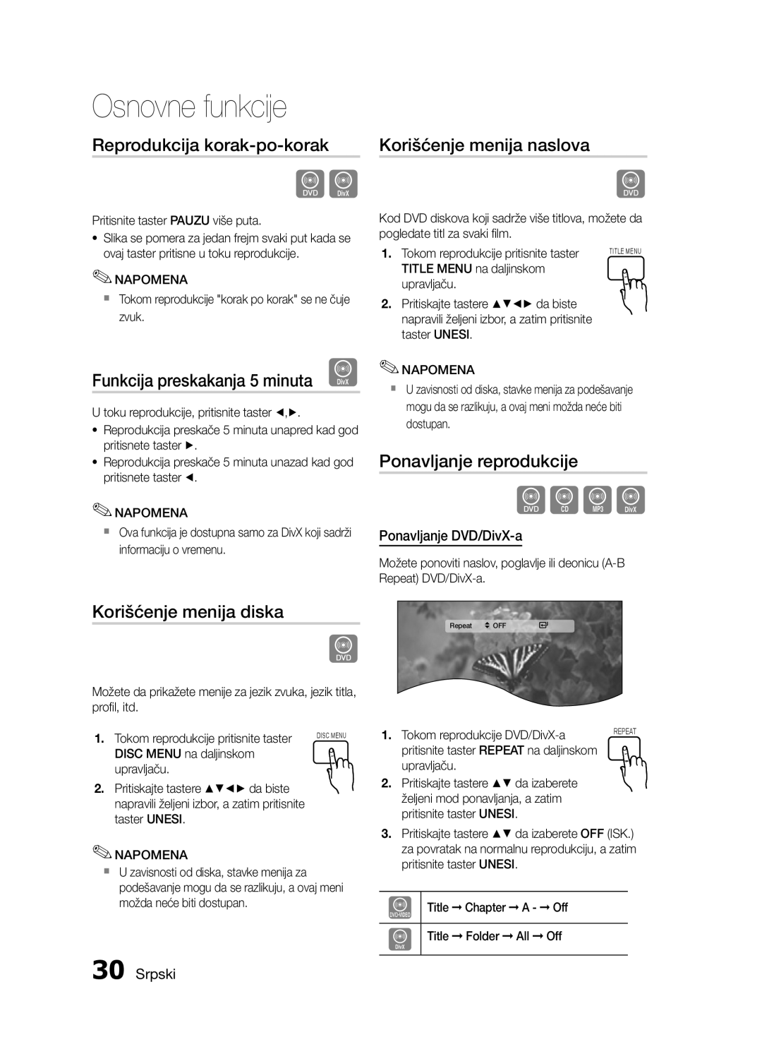 Samsung HT-E455/EN, HT-E453/EN Reprodukcija korak-po-korak, Funkcija preskakanja 5 minuta D, Korišćenje menija naslova 