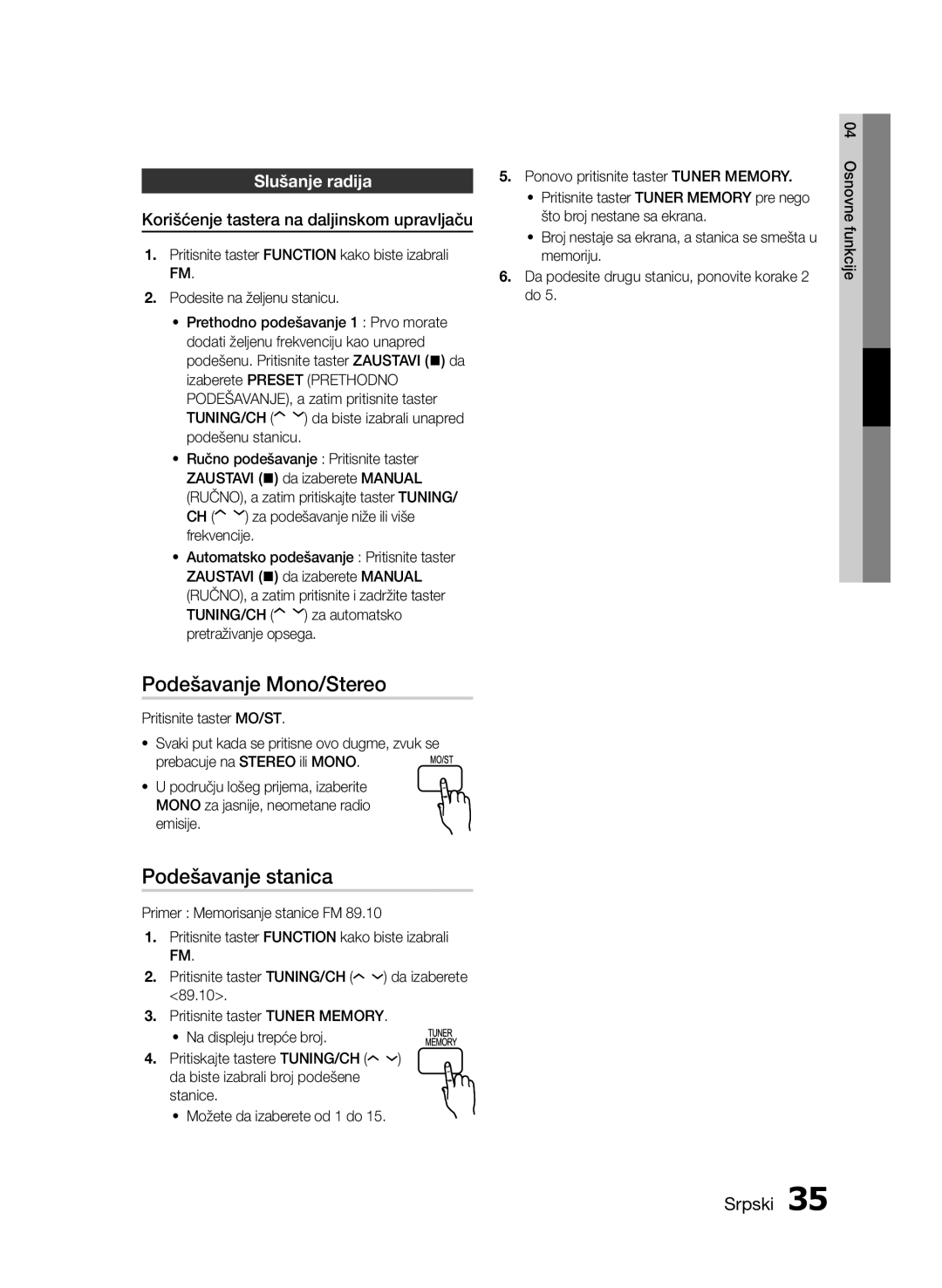 Samsung HT-E453/EN, HT-E455/EN manual Slušanje radija, Korišćenje tastera na daljinskom upravljaču 