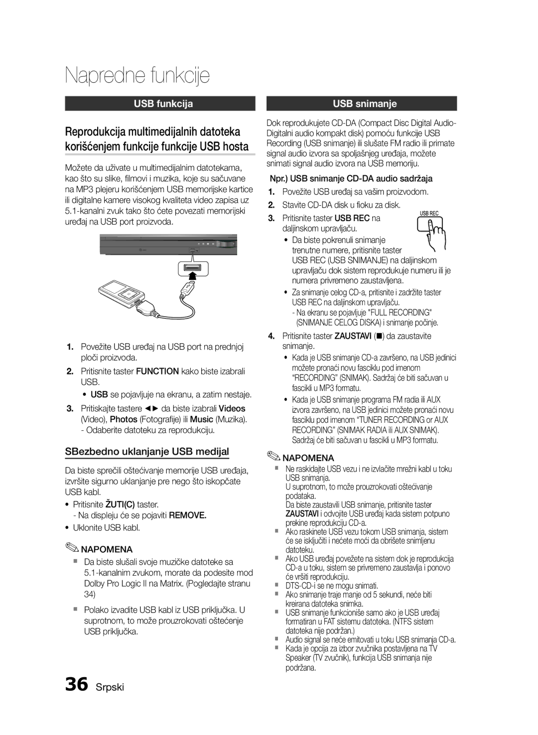 Samsung HT-E455/EN, HT-E453/EN manual Napredne funkcije, USB funkcija, SBezbedno uklanjanje USB medijal, USB snimanje 