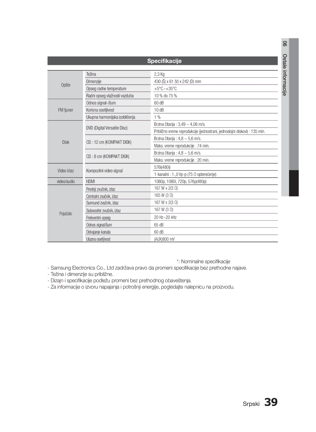 Samsung HT-E453/EN, HT-E455/EN manual Specifikacije 