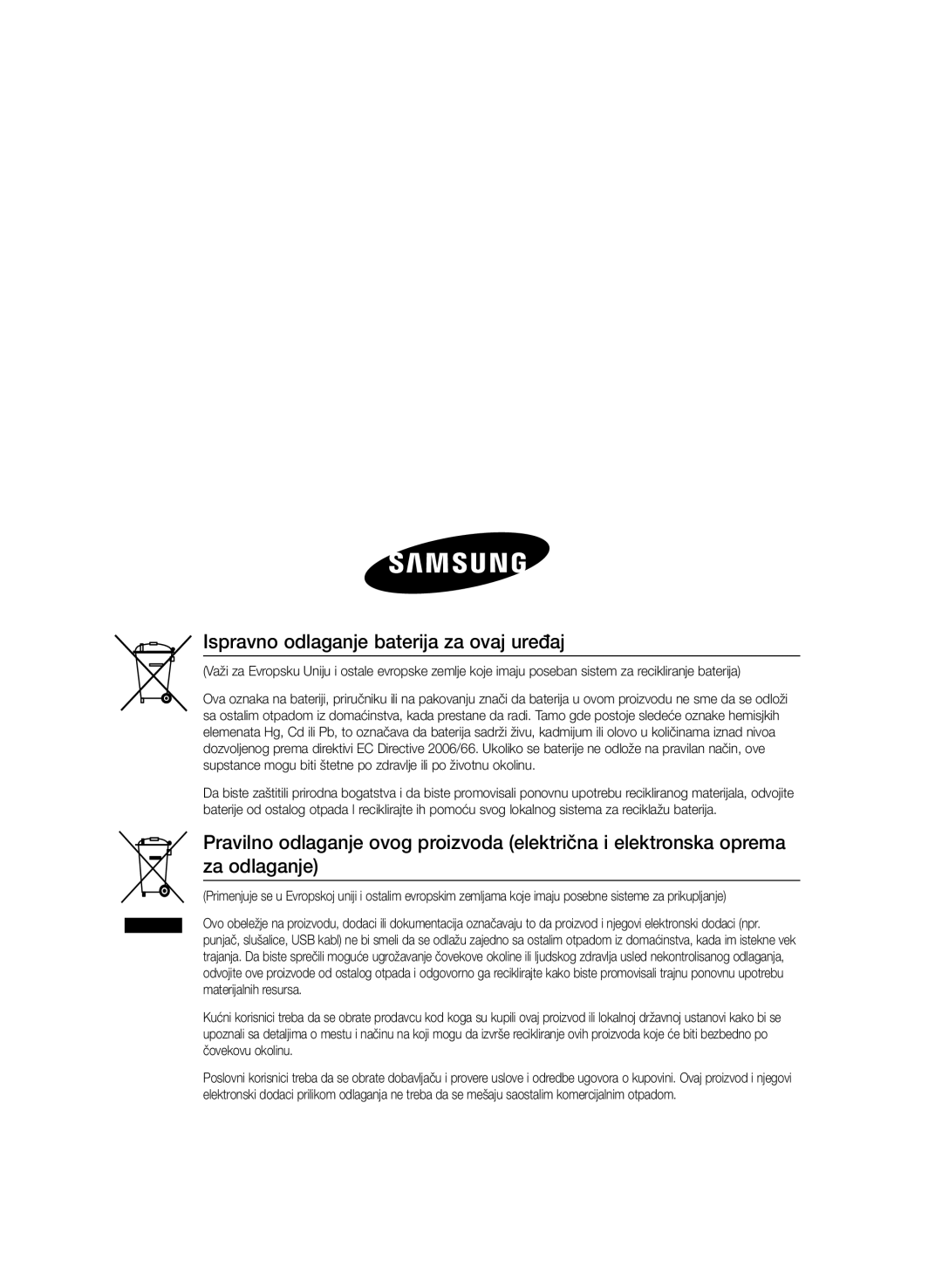 Samsung HT-E455/EN, HT-E453/EN manual Ispravno odlaganje baterija za ovaj uređaj 