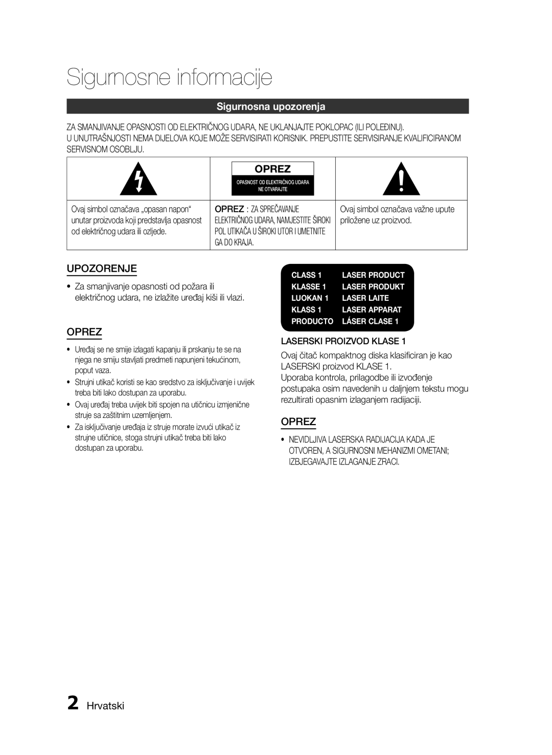 Samsung HT-E455/EN Hrvatski, Oprez ZA Sprečavanje, Priložene uz proizvod, Od električnog udara ili ozljede, GA do Kraja 