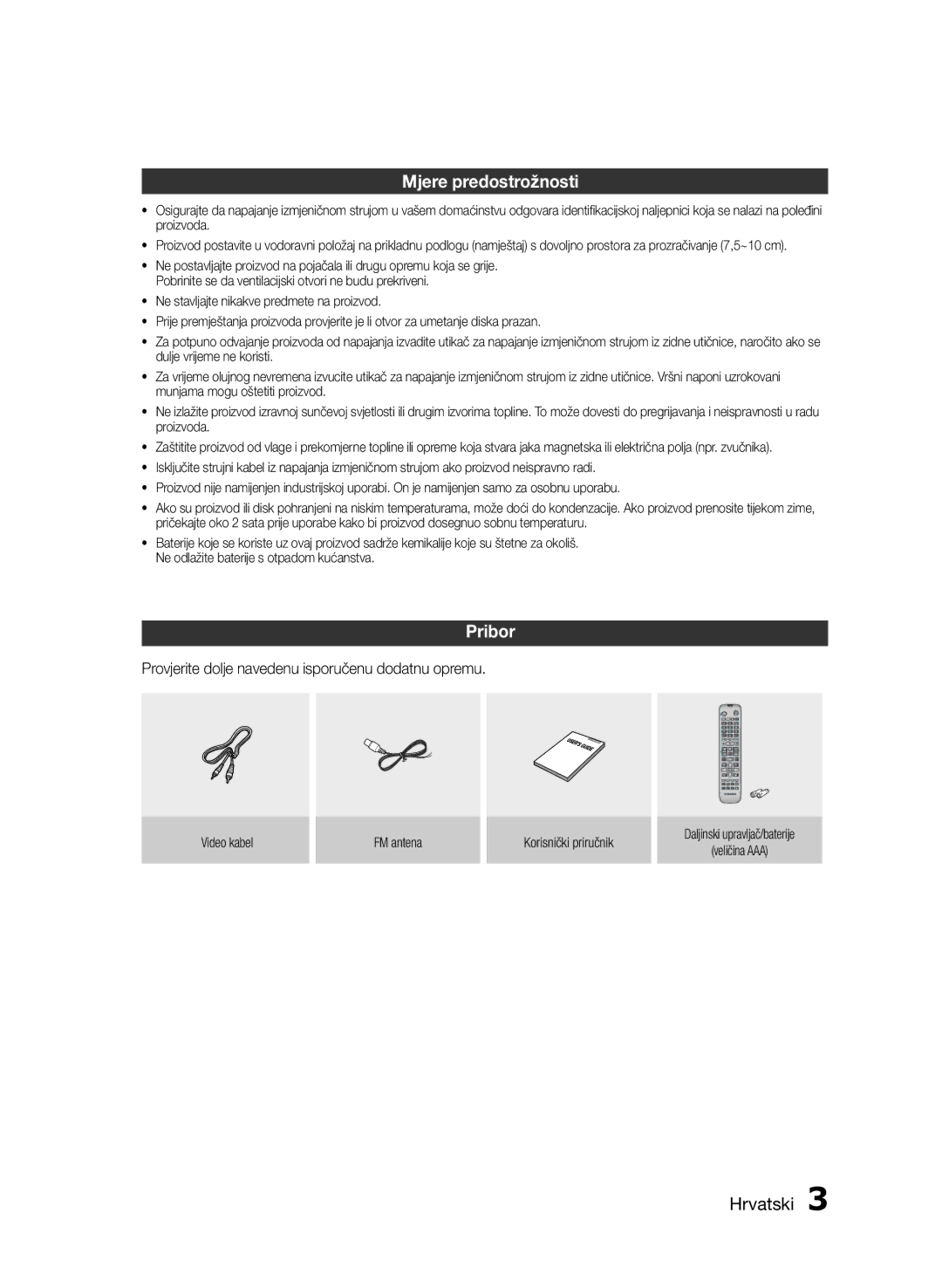 Samsung HT-E453/EN, HT-E455/EN manual Mjere predostrožnosti, Provjerite dolje navedenu isporučenu dodatnu opremu 