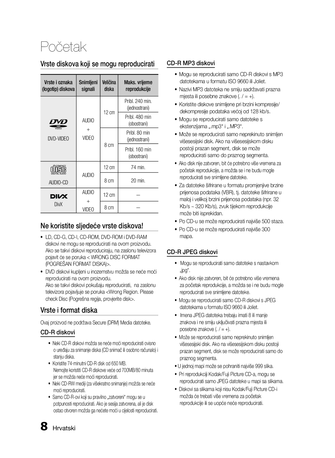 Samsung HT-E455/EN Ne koristite sljedeće vrste diskova, Vrste i format diska, Vrste diskova koji se mogu reproducirati 