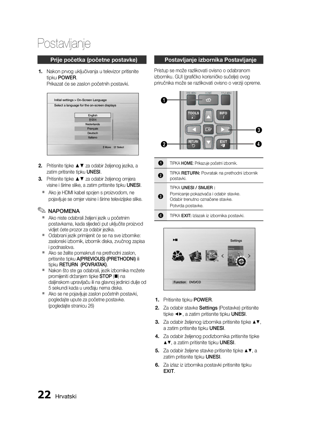 Samsung HT-E455/EN Prije početka početne postavke, Postavljanje izbornika Postavljanje, Pritisnite tipku Power, Exit 