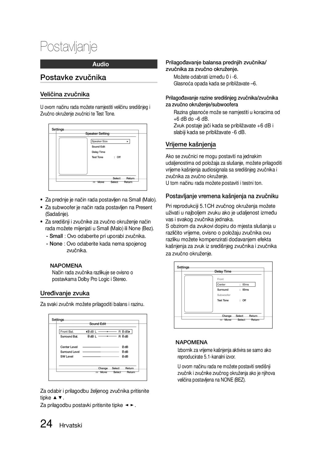 Samsung HT-E455/EN, HT-E453/EN manual Postavke zvučnika, Vrijeme kašnjenja, Postavljanje vremena kašnjenja na zvučniku 