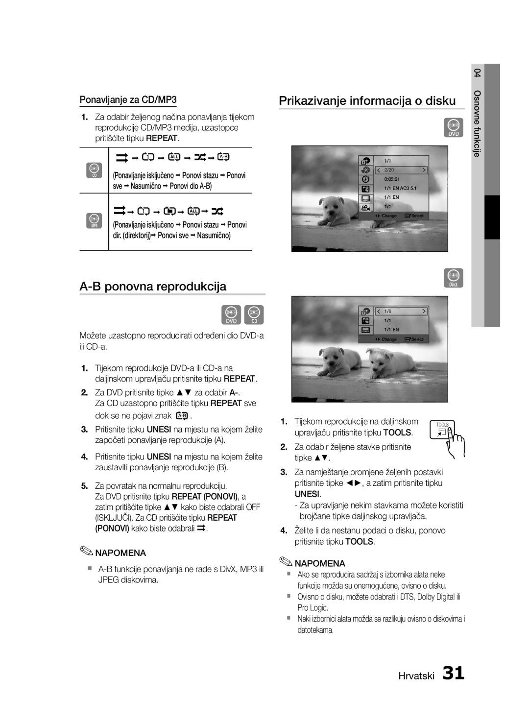 Samsung HT-E453/EN, HT-E455/EN manual Ponavljanje za CD/MP3 