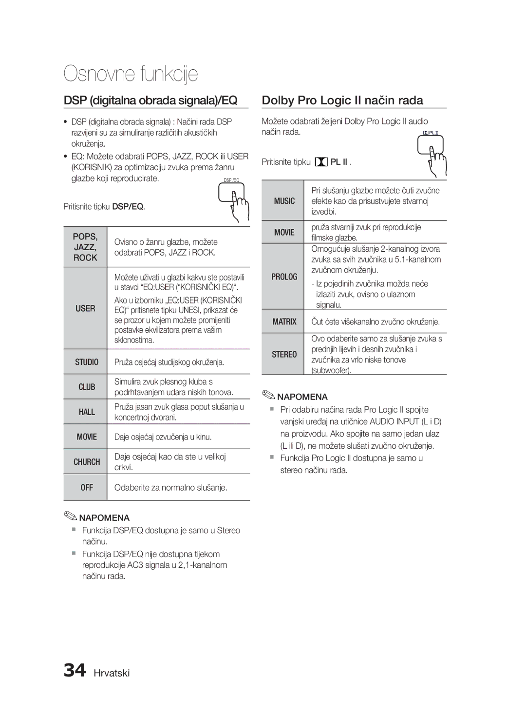 Samsung HT-E455/EN, HT-E453/EN manual DSP digitalna obrada signala/EQ, Dolby Pro Logic II način rada 