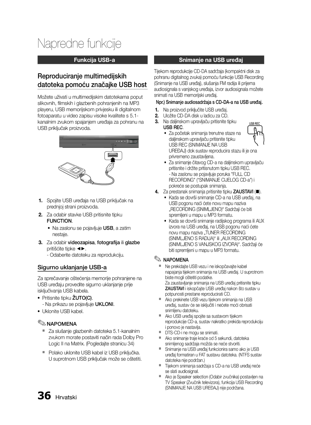 Samsung HT-E455/EN, HT-E453/EN manual Funkcija USB-a, Sigurno uklanjanje USB-a, Snimanje na USB uređaj 