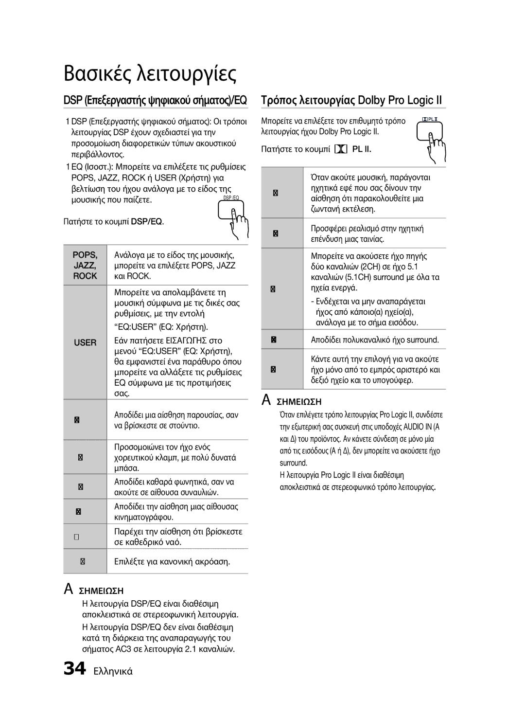 Samsung HT-E455/EN, HT-E453/EN manual Τρόπος λειτουργίας Dolby Pro Logic, DSP Επεξεργαστής ψηφιακού σήματος/EQ, 34 Ελληνικά 