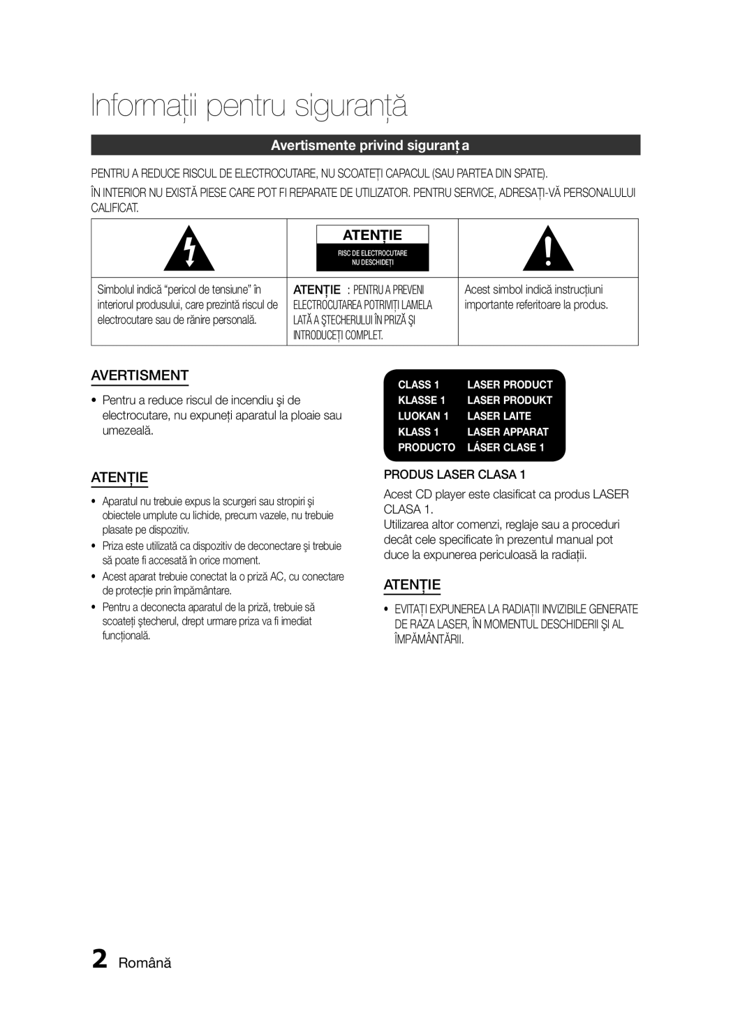 Samsung HT-E455/EN, HT-E453/EN Informaţii pentru siguranţă, Avertismente privind siguranţa, Română, Introduceţi Complet 