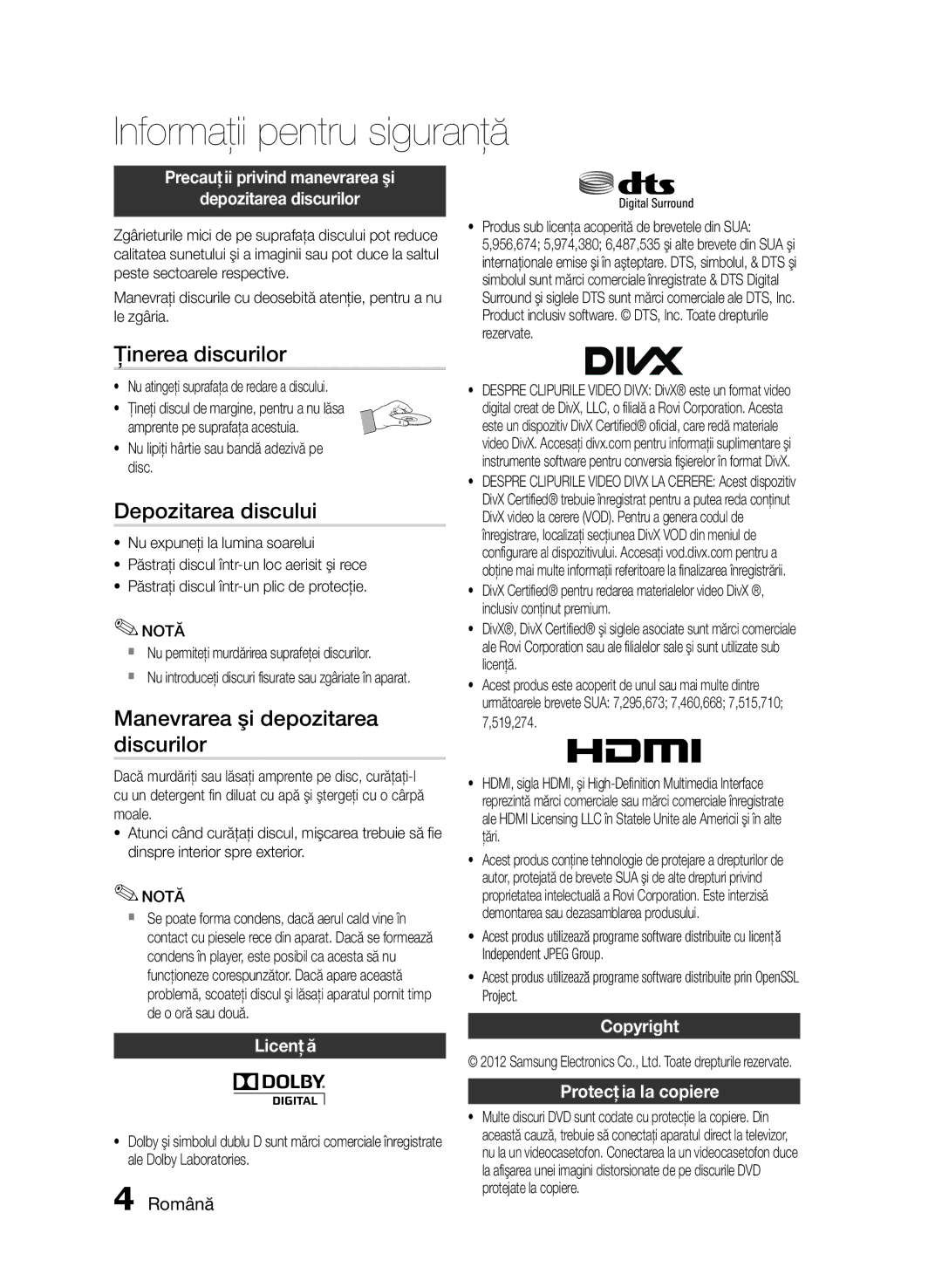 Samsung HT-E455/EN, HT-E453/EN manual Ţinerea discurilor, Depozitarea discului, Manevrarea şi depozitarea discurilor 