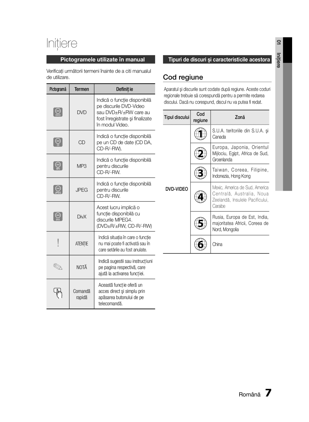 Samsung HT-E453/EN, HT-E455/EN Iniţiere, Cod regiune, Pictogramele utilizate în manual 