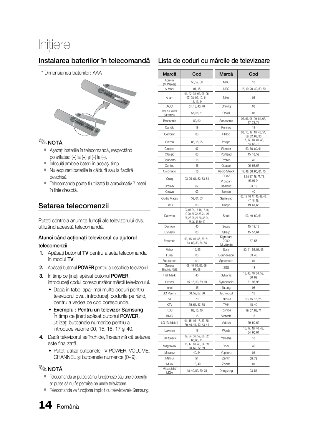 Samsung HT-E455/EN, HT-E453/EN manual Setarea telecomenzii, 14 Română, Dimensiunea bateriilor AAA, Marcă Cod 