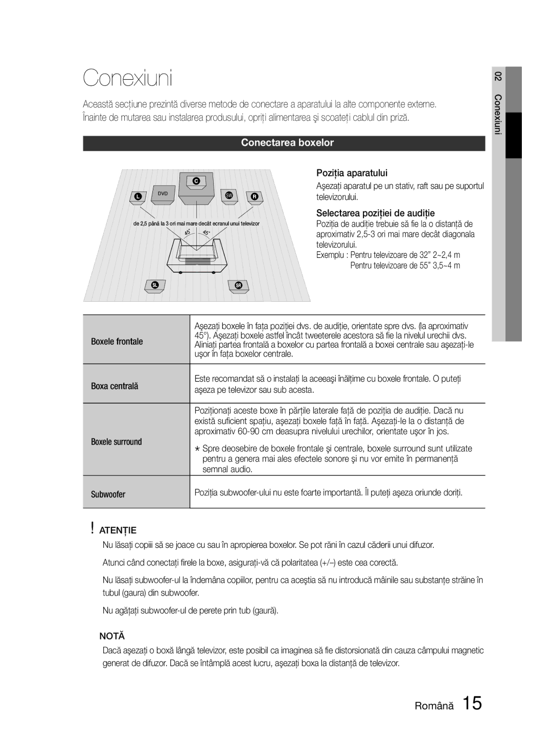 Samsung HT-E453/EN, HT-E455/EN manual Conexiuni, Conectarea boxelor, Atenţie 