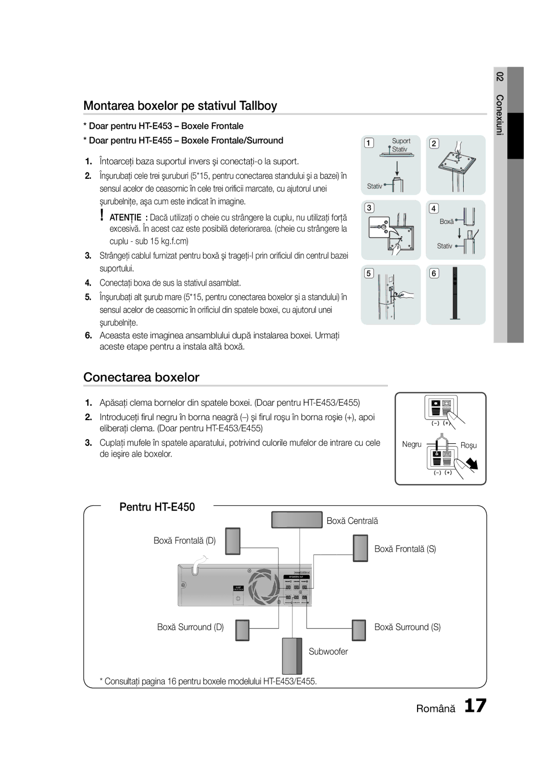 Samsung HT-E453/EN, HT-E455/EN manual Montarea boxelor pe stativul Tallboy, Conectarea boxelor, Pentru HT-E450 