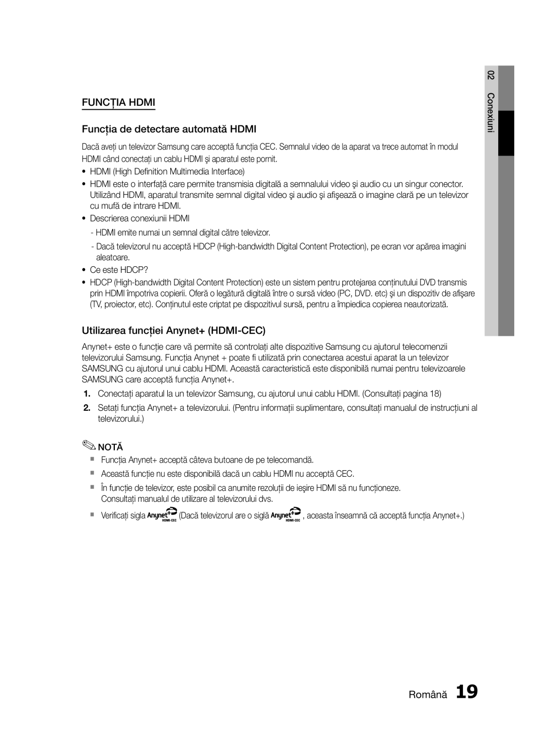 Samsung HT-E453/EN, HT-E455/EN manual Funcţia de detectare automată Hdmi, Utilizarea funcţiei Anynet+ HDMI-CEC, Conexiuni 