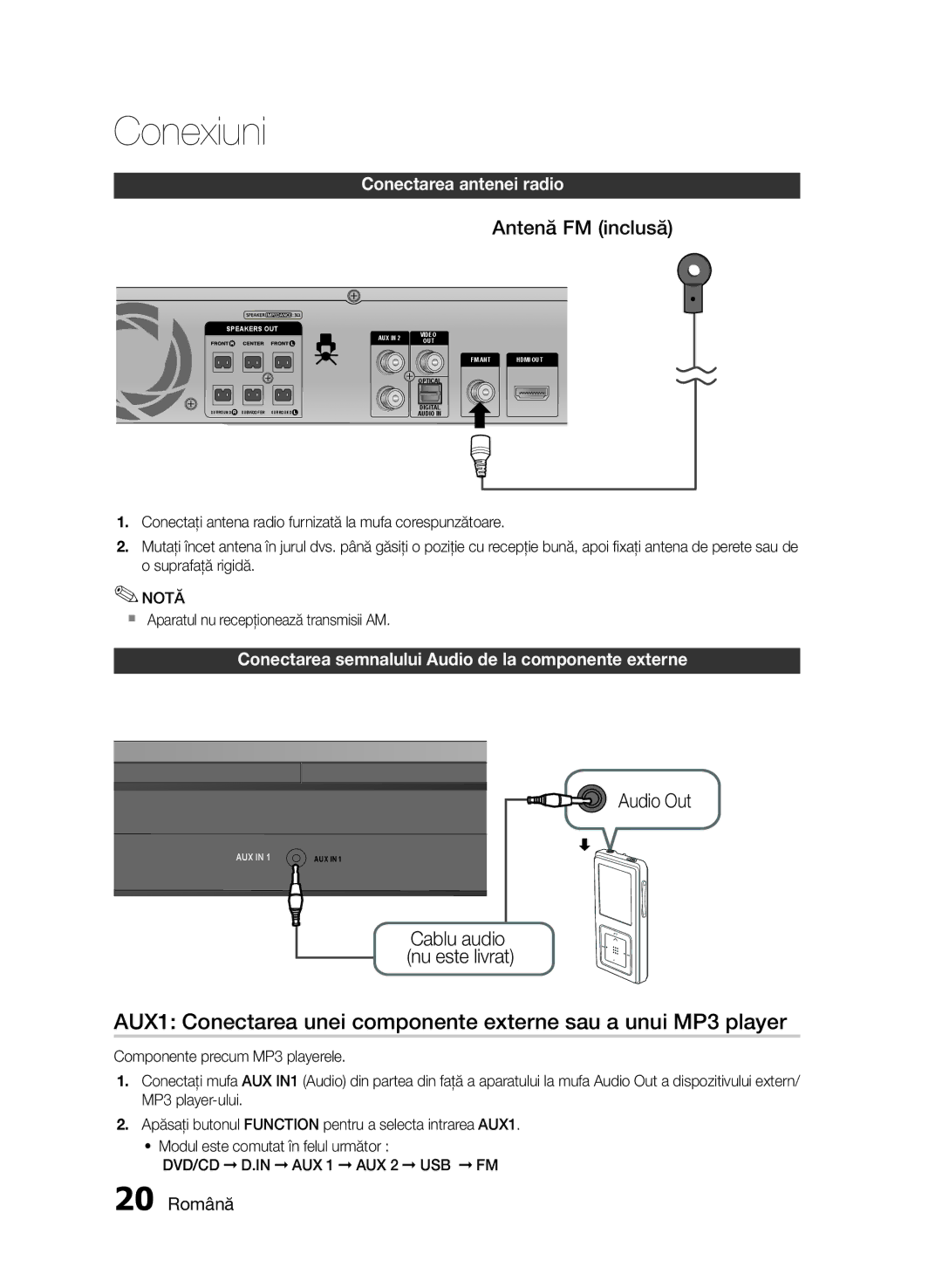 Samsung HT-E455/EN, HT-E453/EN manual Antenă FM inclusă, Audio Out, Conectarea antenei radio 