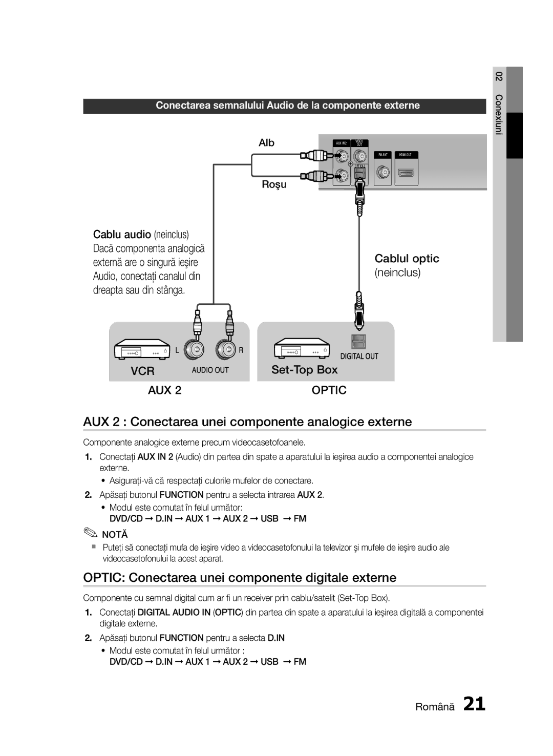 Samsung HT-E453/EN AUX 2 Conectarea unei componente analogice externe, Optic Conectarea unei componente digitale externe 