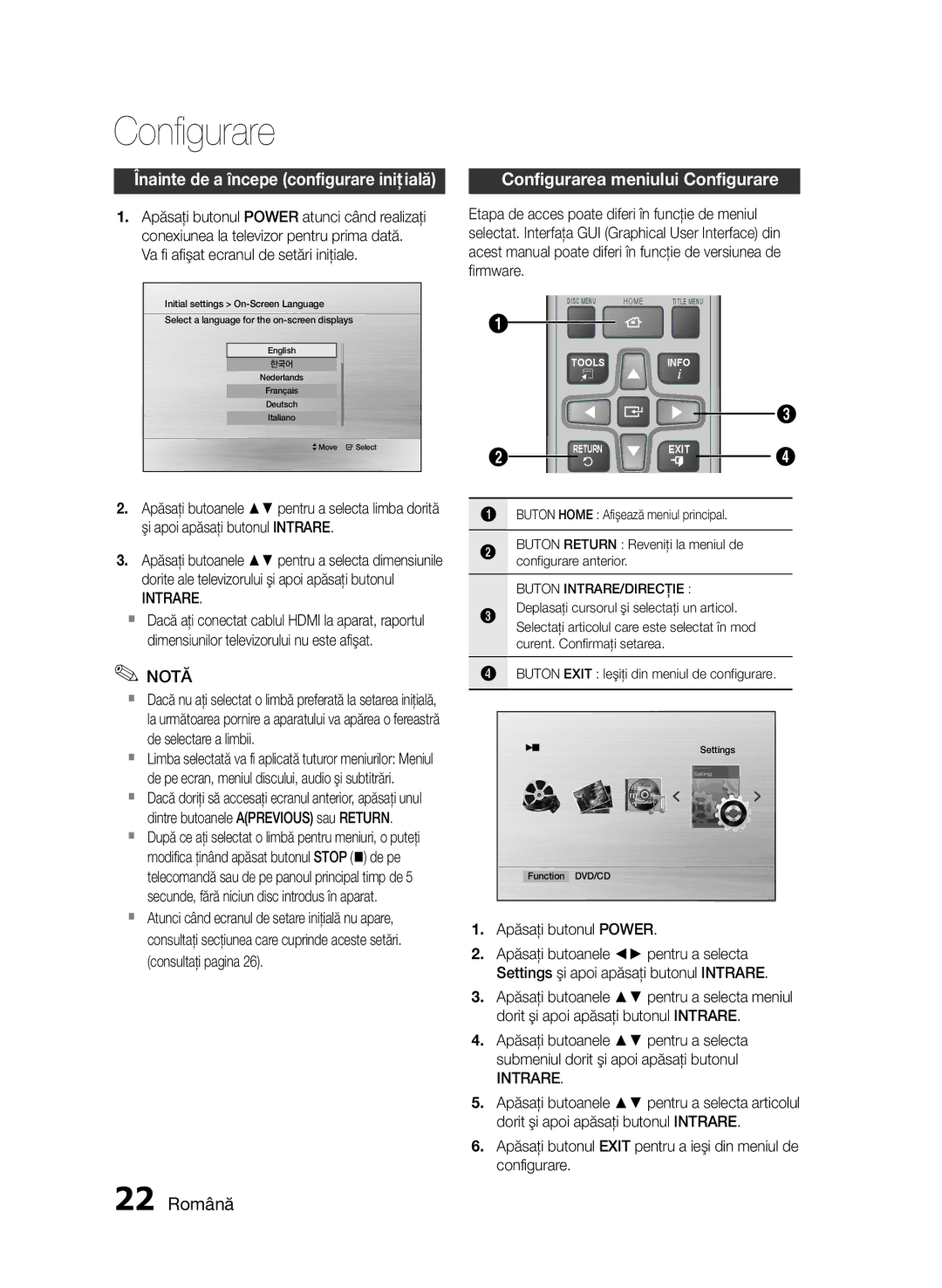 Samsung HT-E455/EN Înainte de a începe configurare iniţială, 22 Română, Configurarea meniului Configurare, Intrare 