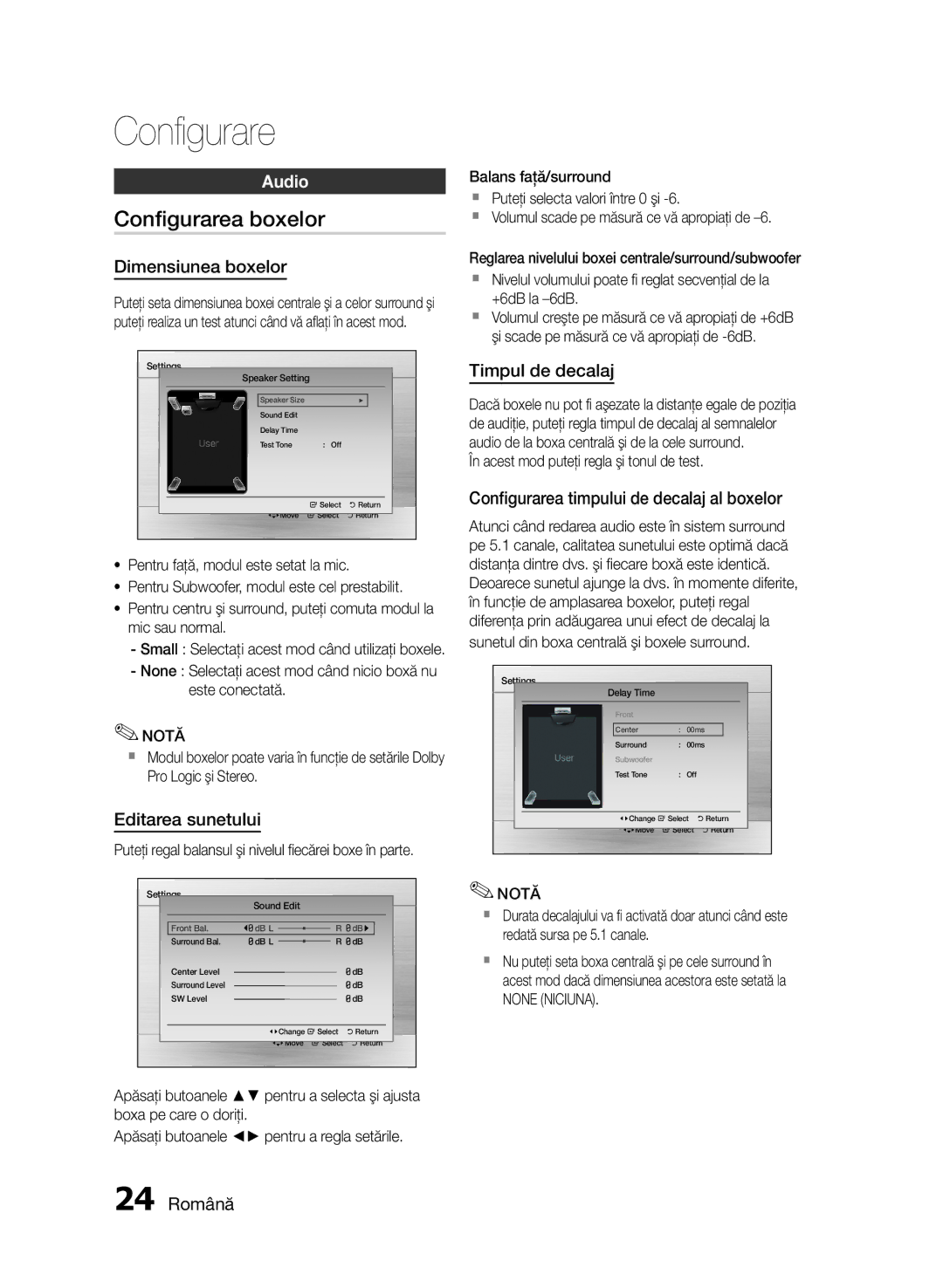 Samsung HT-E455/EN, HT-E453/EN manual Configurarea boxelor, Audio 