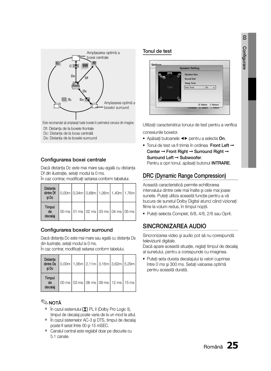 Samsung HT-E453/EN, HT-E455/EN manual DRC Dynamic Range Compression, Configurarea boxei centrale, Tonul de test 