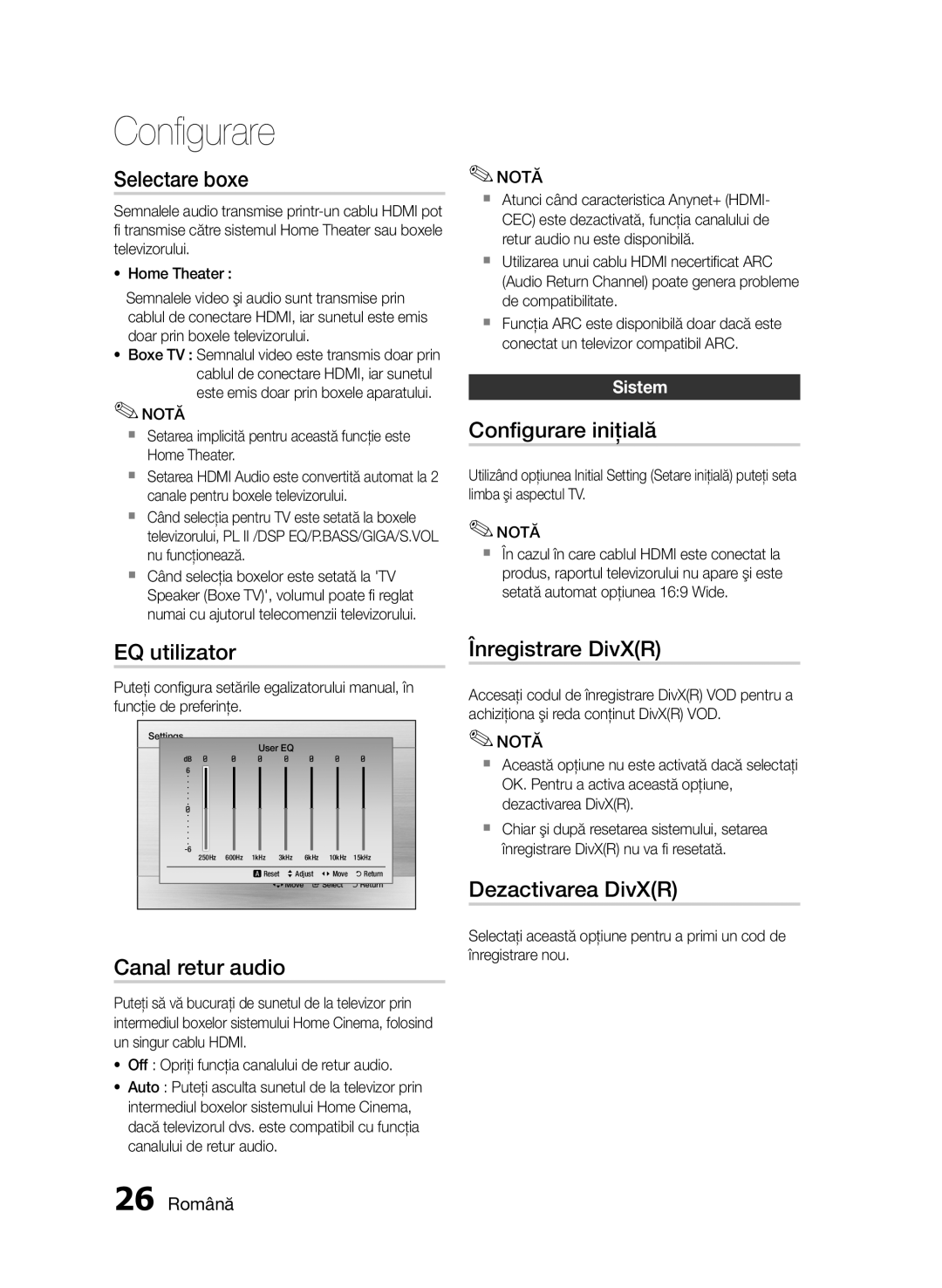 Samsung HT-E455/EN, HT-E453/EN Selectare boxe, Configurare iniţială, EQ utilizator Înregistrare DivXR, Dezactivarea DivXR 