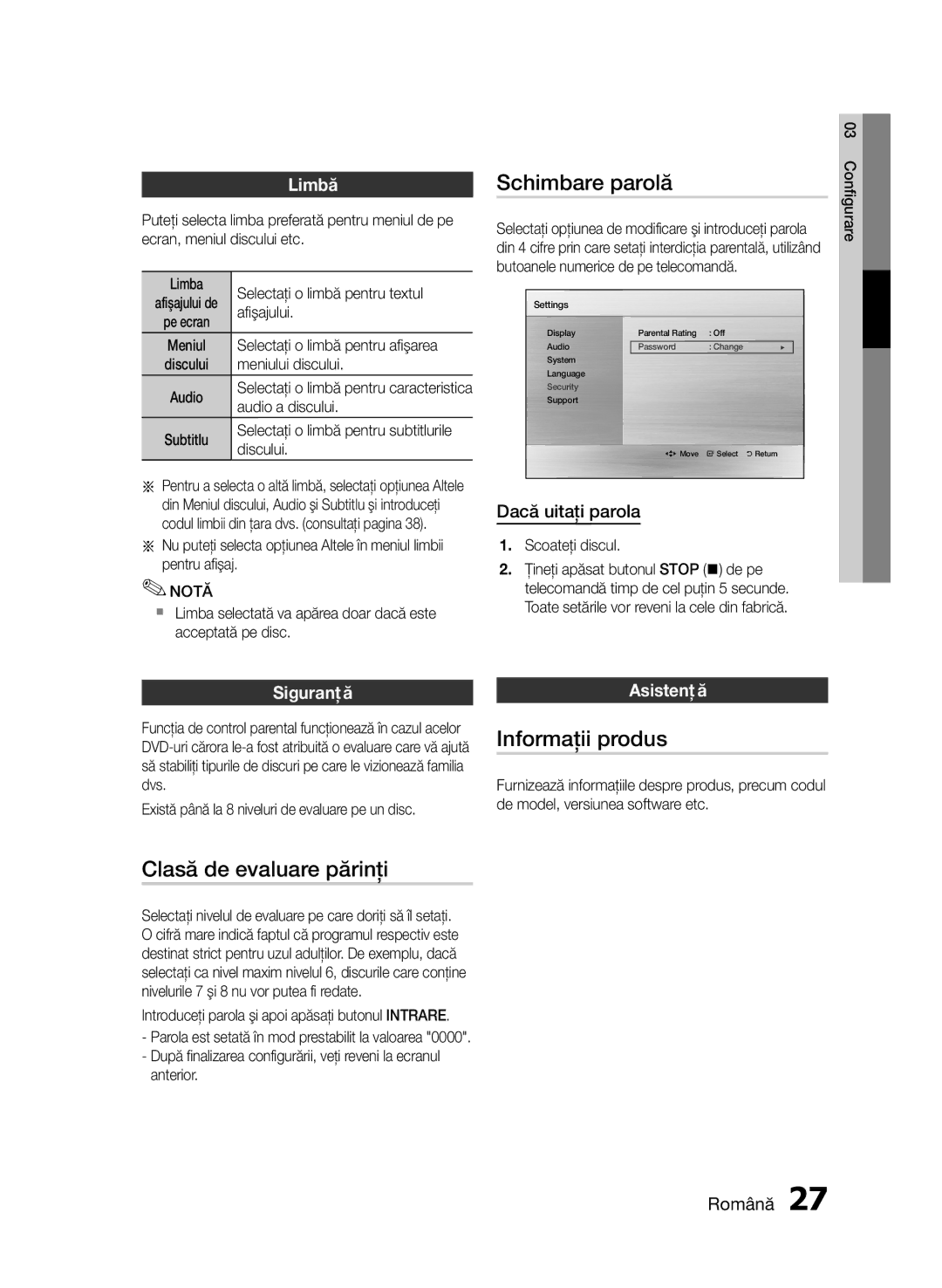 Samsung HT-E453/EN, HT-E455/EN manual Schimbare parolă, Clasă de evaluare părinţi, Informaţii produs 