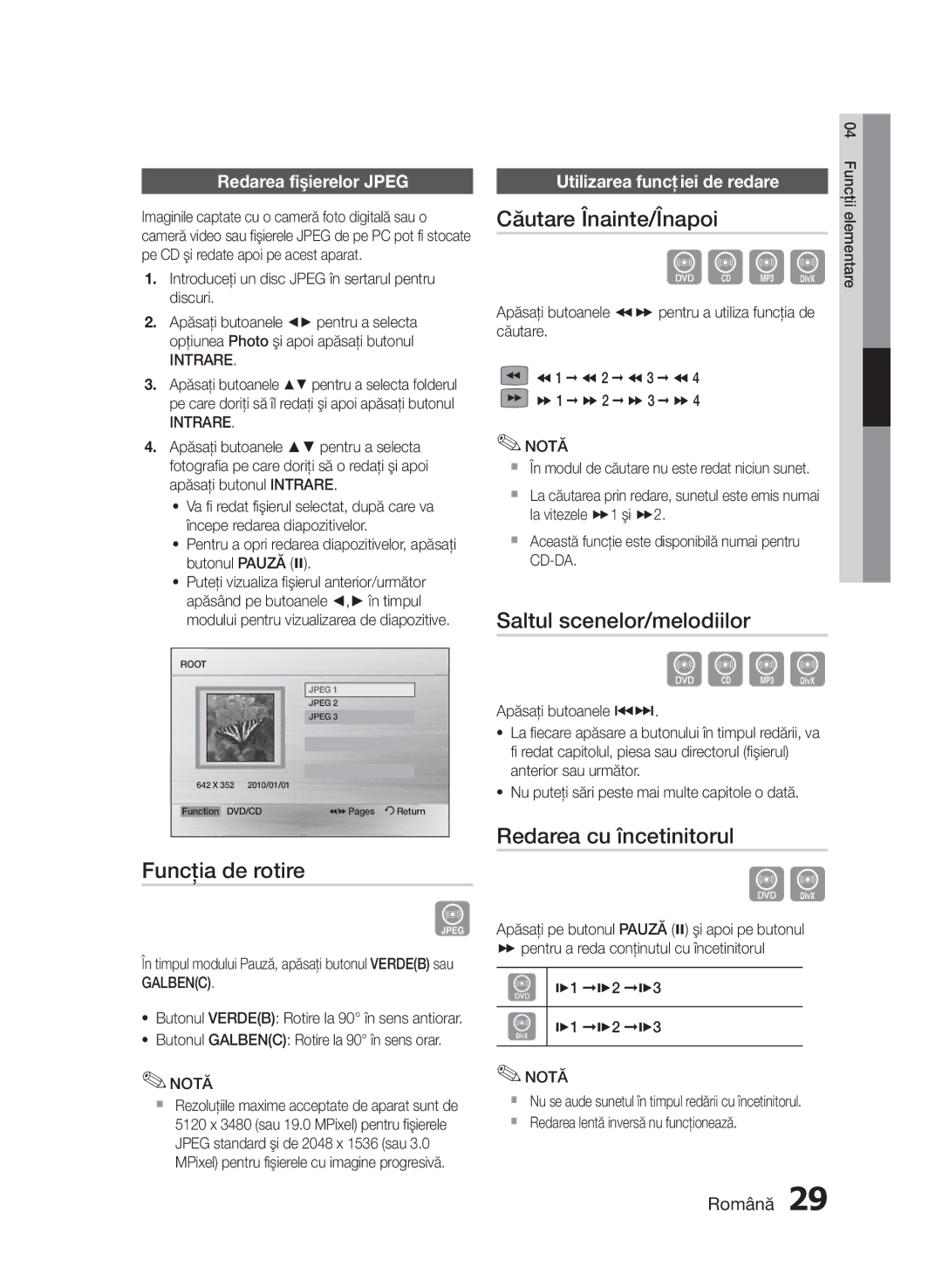 Samsung HT-E453/EN manual Funcţia de rotire, Căutare Înainte/Înapoi, Saltul scenelor/melodiilor, Redarea cu încetinitorul 